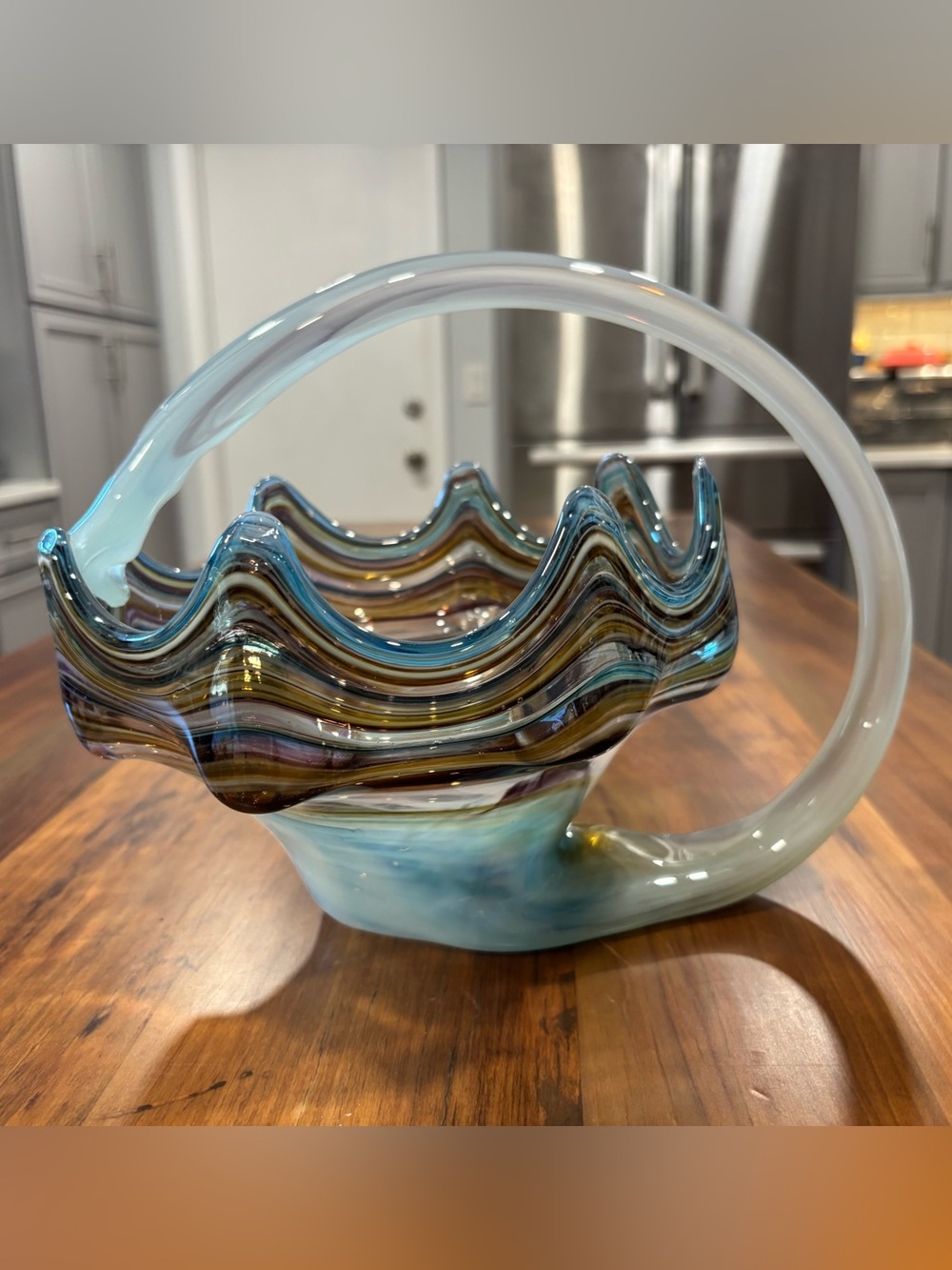 Vintage Blue Glass Art MCM Centerpiece Almond Swirl Blown Sooner Candy Bowl